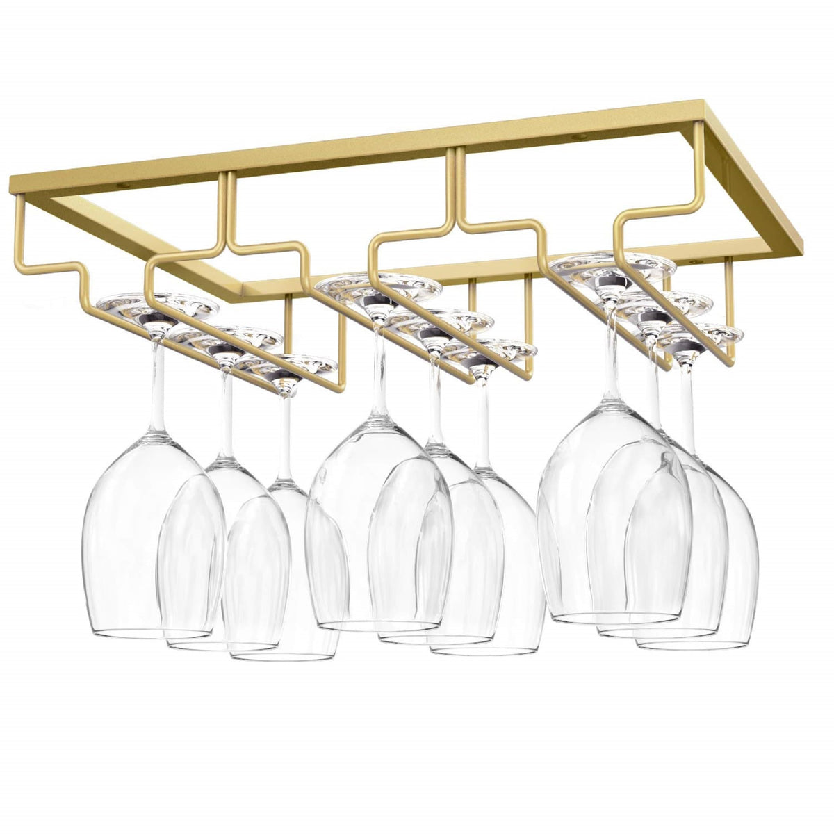 Nuovoware soporte para copas bajo armario con enfoque en el acabado oro y organización de copas.