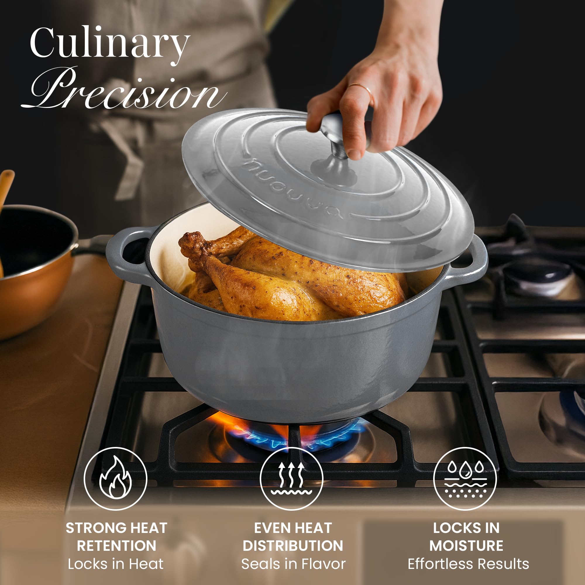 Nuovva cazuela esmaltada: excelente para guisos, verduras salteadas y salsas cremosas.