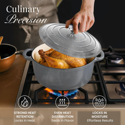 Nuovva cazuela esmaltada: excelente para guisos, verduras salteadas y salsas cremosas.