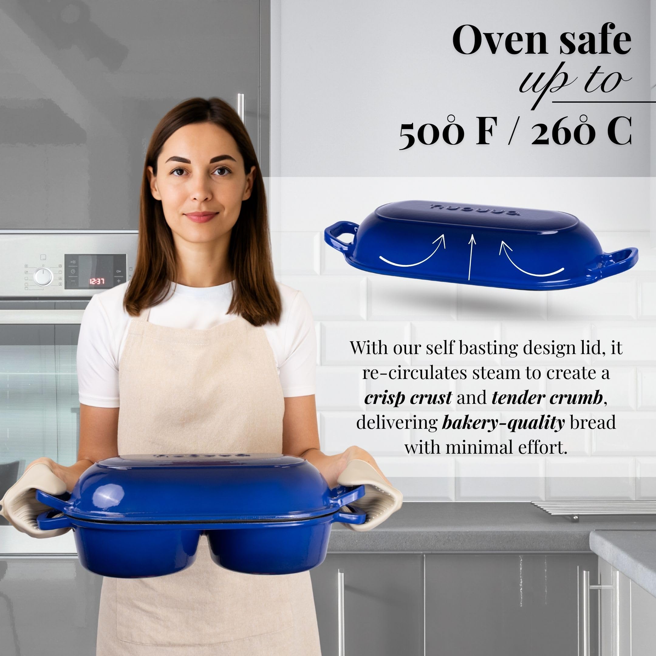 Nuovva con acabado esmaltado azul oscuro para uso versátil en la cocina.
