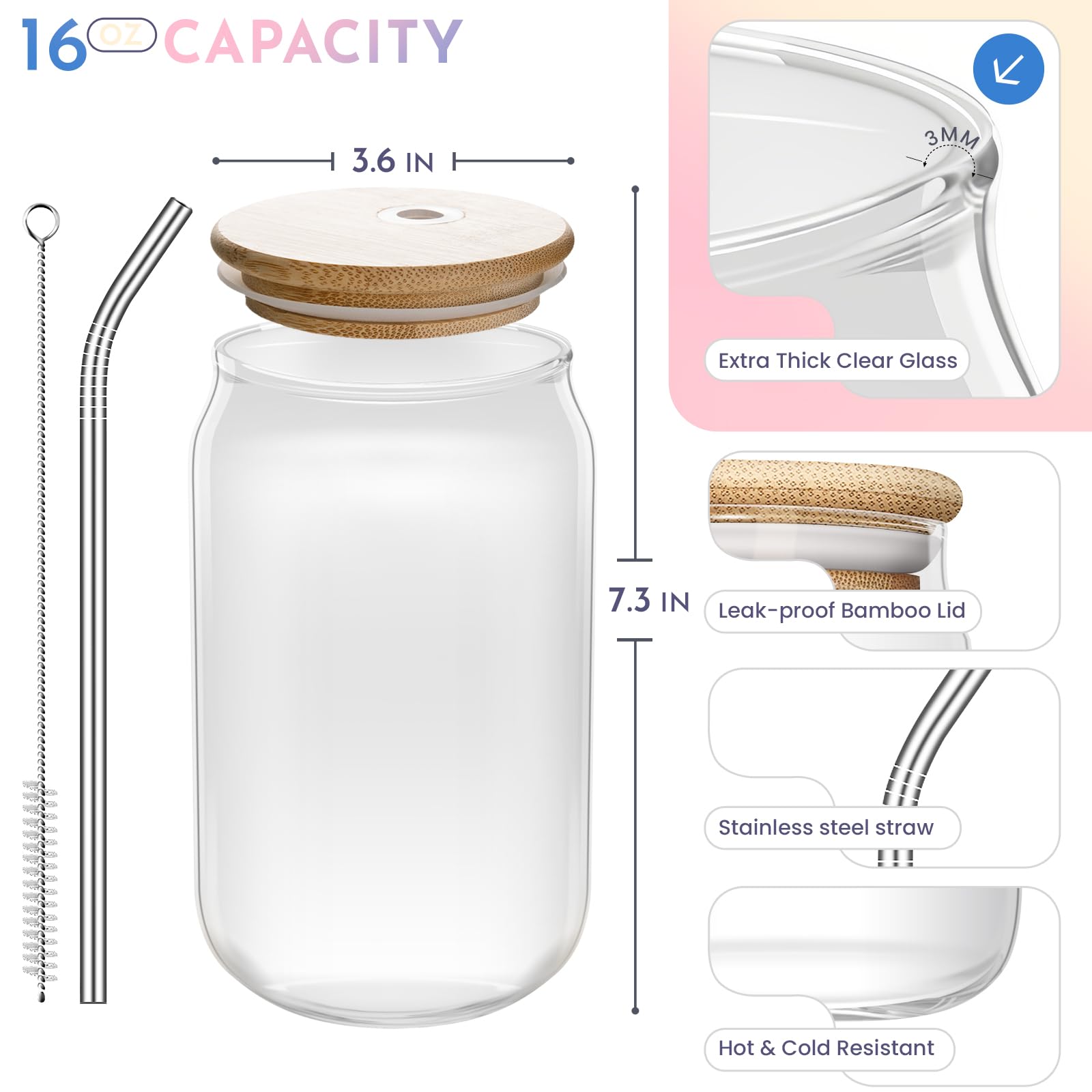 Nurforta tapa de bambú para vaso cristal 16oz, añade estilo y protección