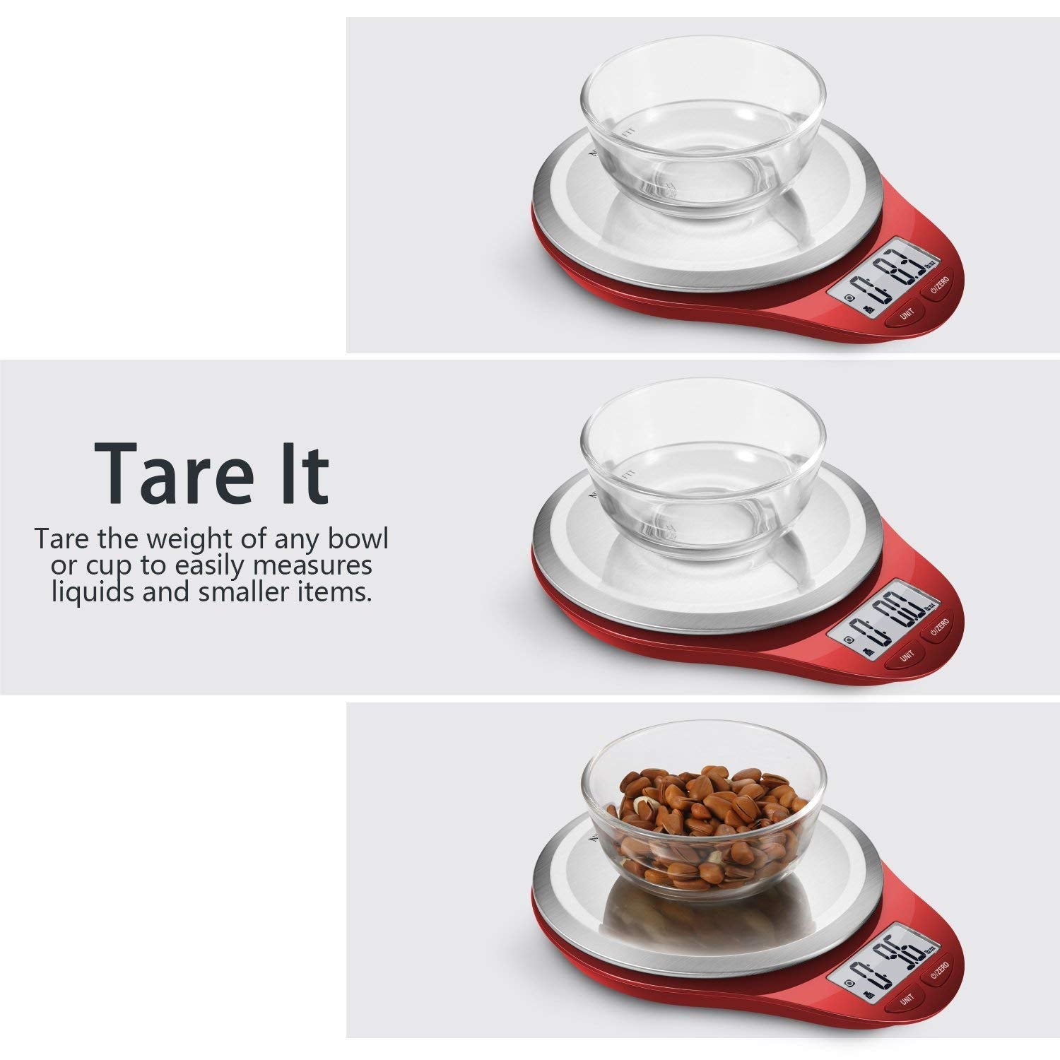 NUTRI FIT función Tara para pesar múltiples ingredientes sin cambiar recipiente.