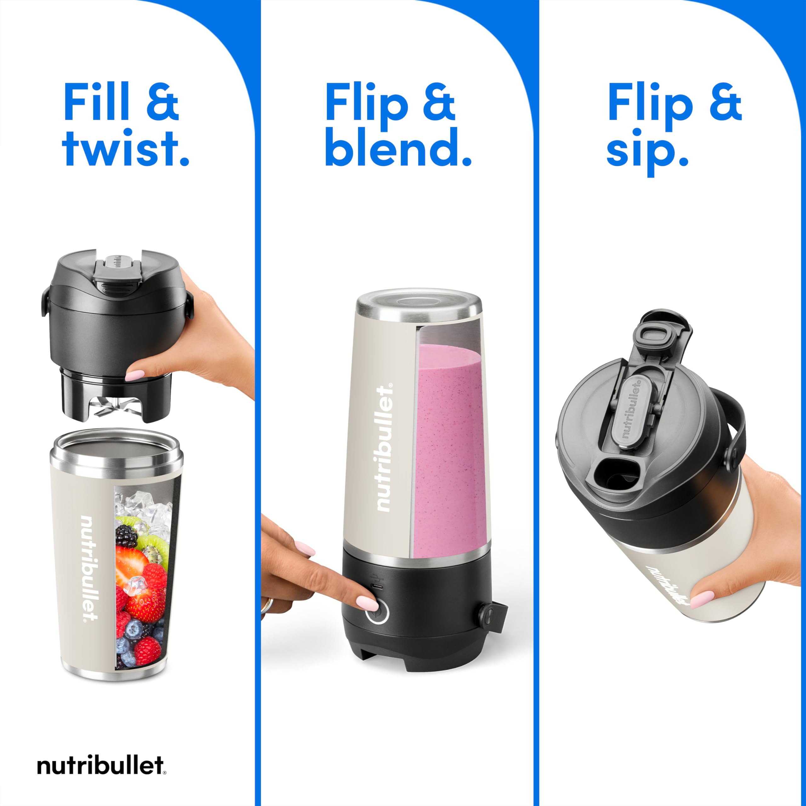 NutriBullet Flip, cargador USB-C, recarga rápida para batidos en movimiento.