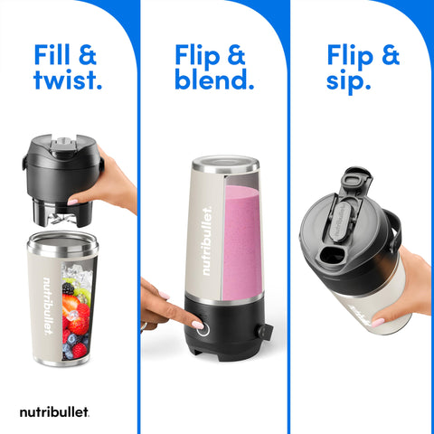 NutriBullet Flip, cargador USB-C, recarga rápida para batidos en movimiento.
