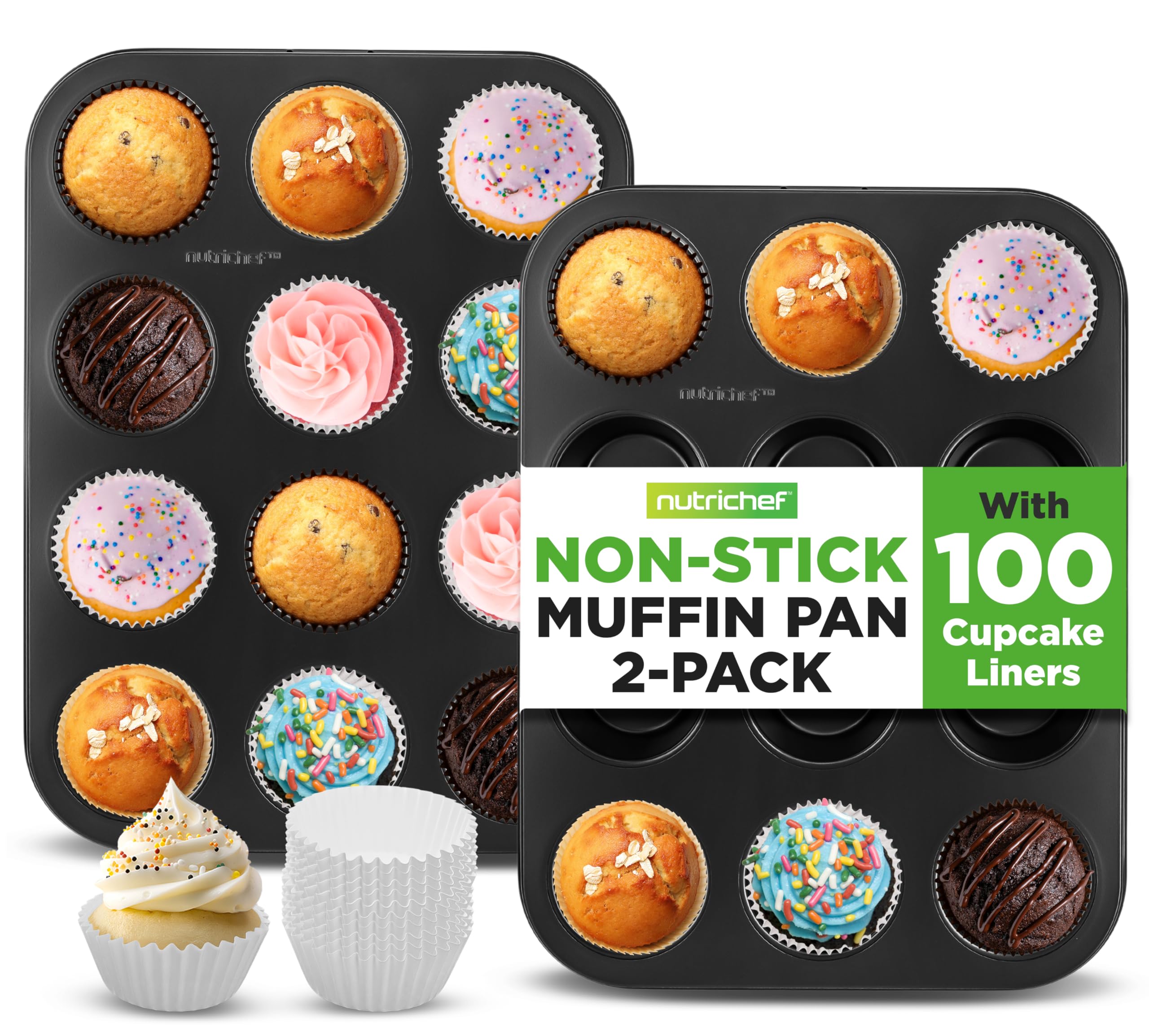 NutriChef moldes muffin 12 cupos, juego de 2, ideal para lotes grandes.
