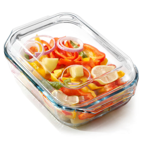 Cazuela rectangular de vidrio Nutriups con tapa, ideal para monitorizar la cocción.