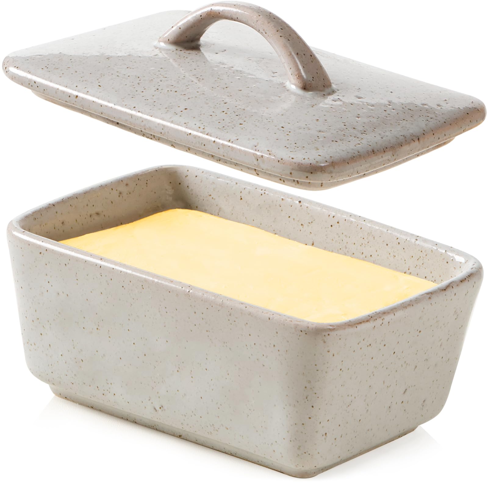 Mantequera NUTRIUPS con tapa gris para exhibir en encimera con estilo.