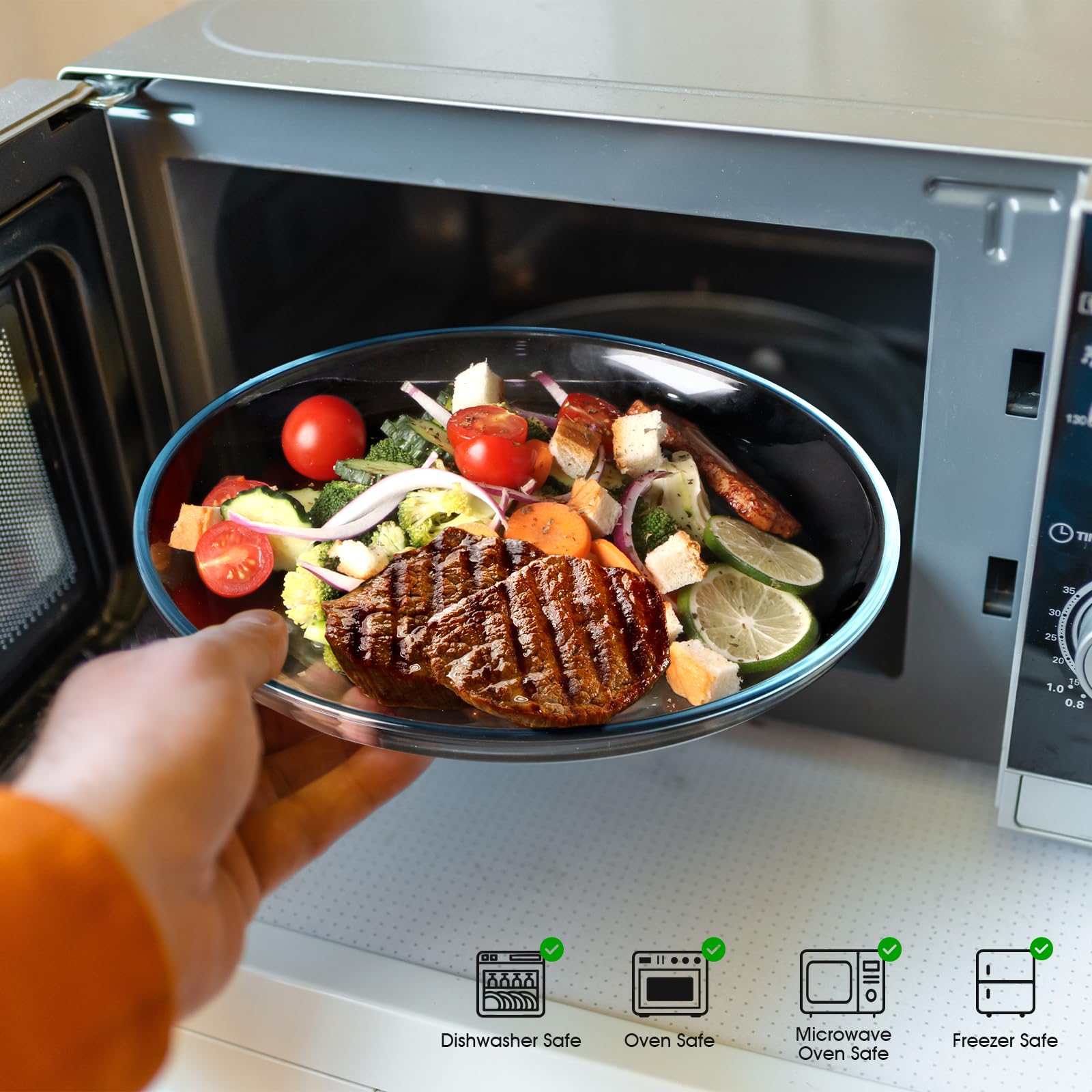 Plato NUTRIUPS de vidrio templado para pasta, borde elevado para evitar derrames.