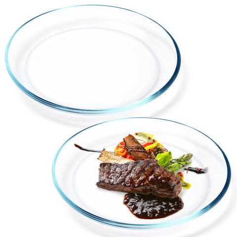 Plato NUTRIUPS de vidrio templado de 10 pulgadas con borde elevado, ideal para presentaciones con salsa.