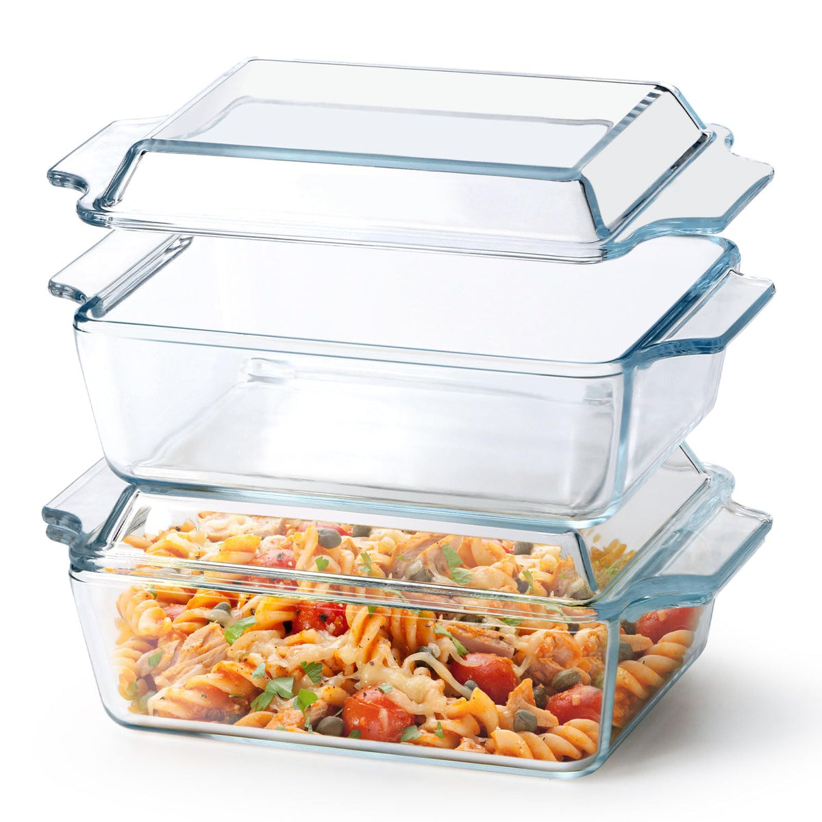 Conjunto Nutriups de dos bandejas de vidrio rectangulares con tapa para porciones controladas.