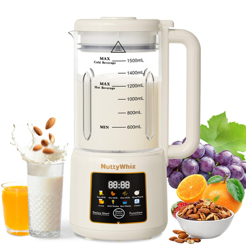 NuttyWiz leche de almendra suave en vaso de 50 oz, lista para desayunos.