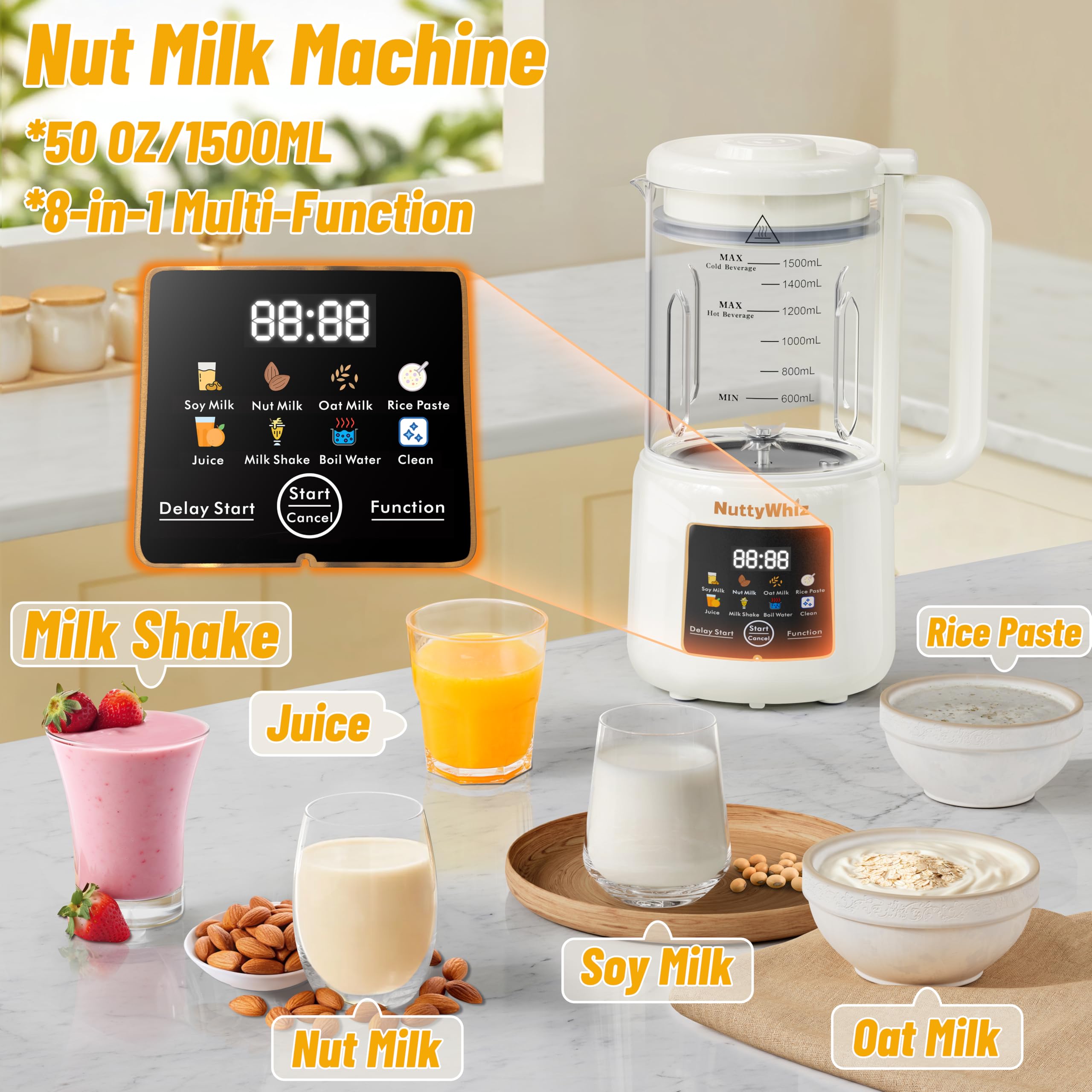 NuttyWhiz leche de avena cremosa en jarra de 50 oz, apta para beber.