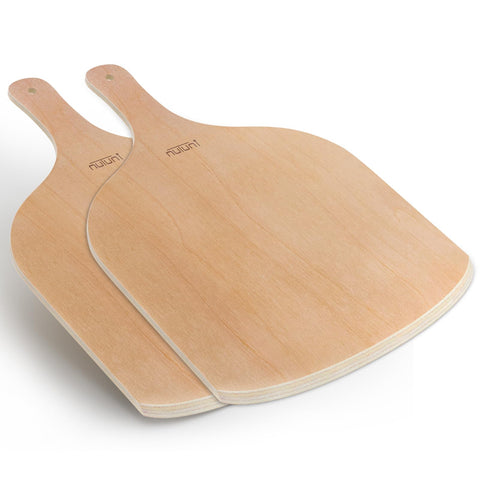 NUTUNI paleta de pizza de madera 12 pulgadas vista frontal para transferir pizzas con seguridad.