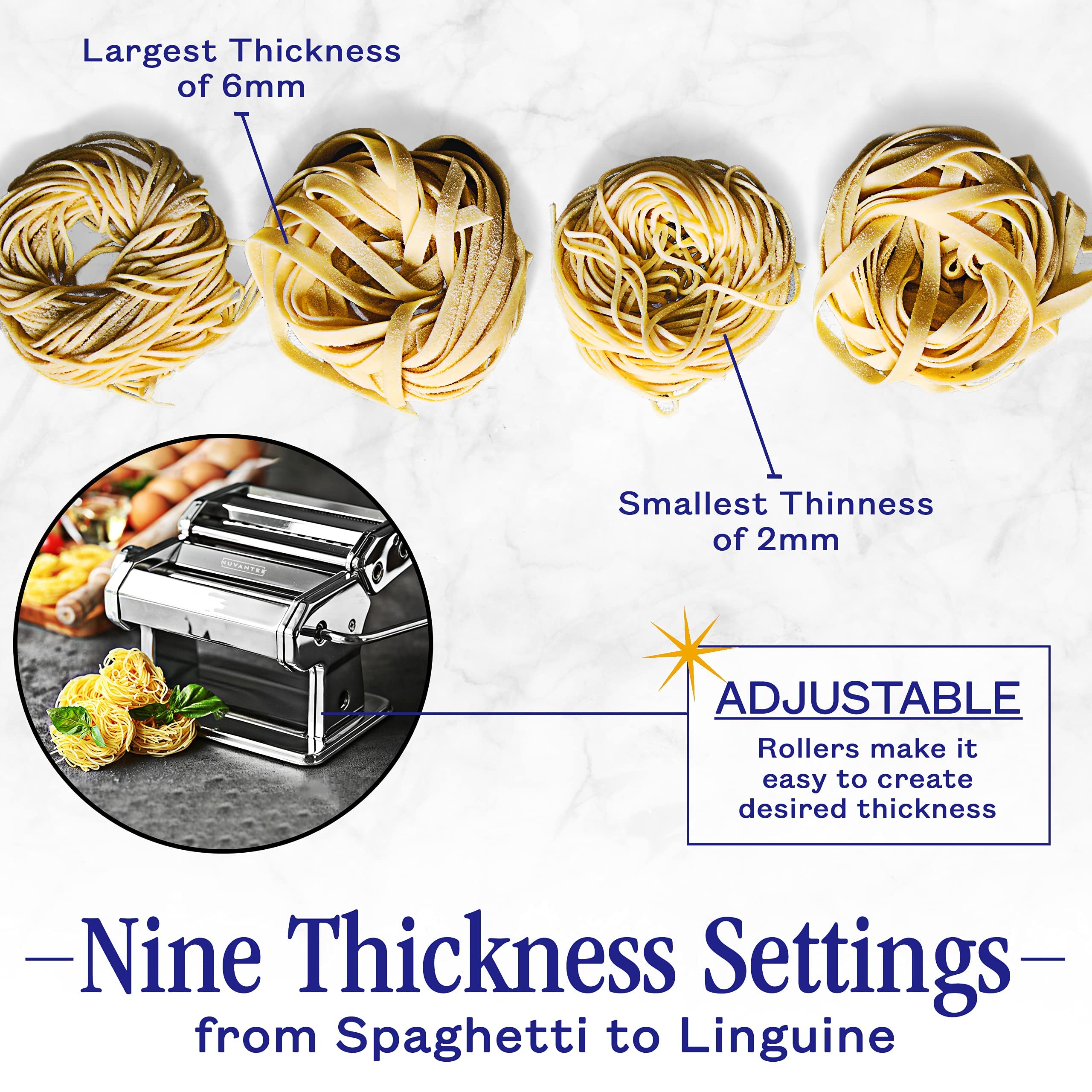 Nuvantee Máquina para Pasta con cortes de 2 mm y 6 mm para espagueti y fettuccine.