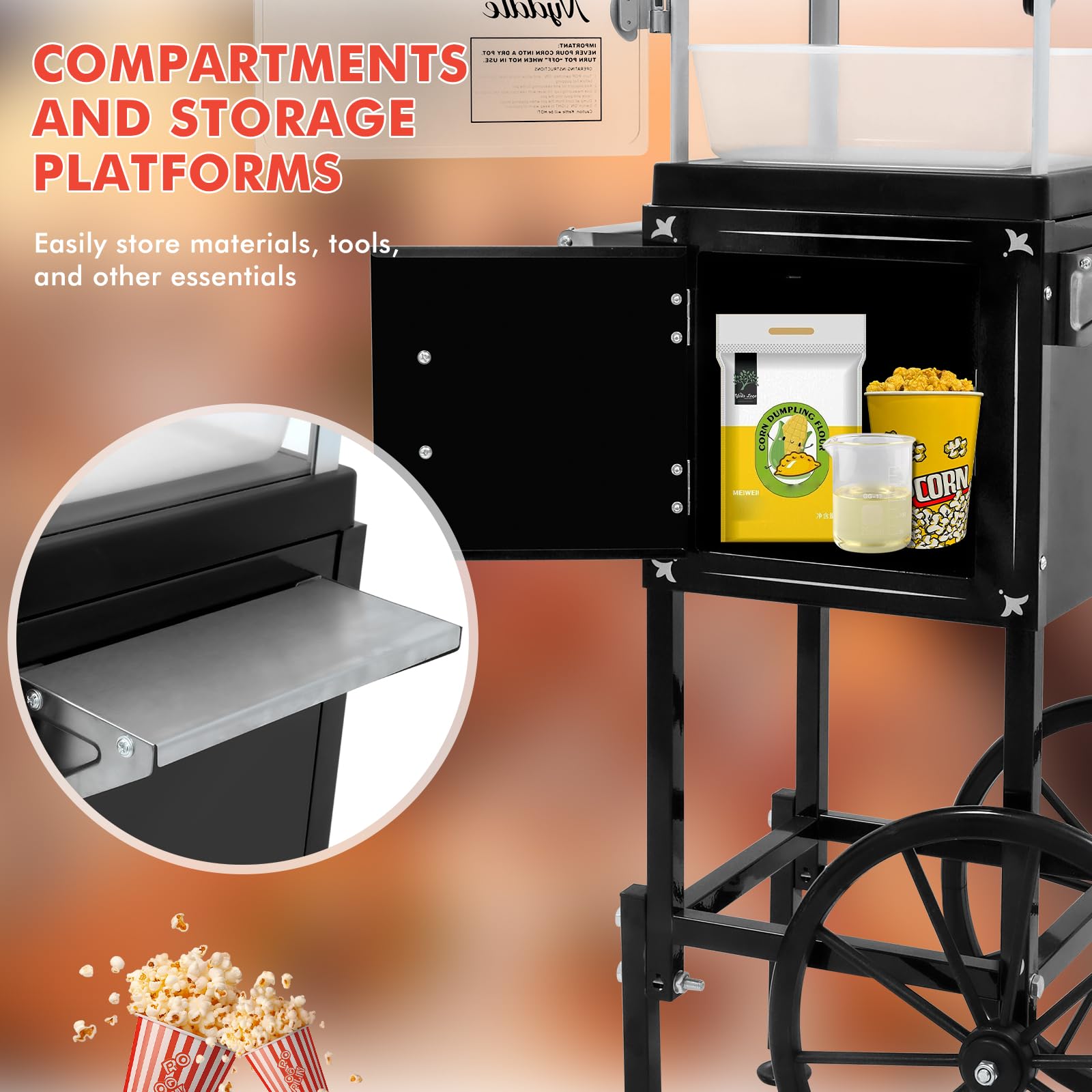 Nyddle carro-servicio palomitas, movilidad estable para eventos o en casa