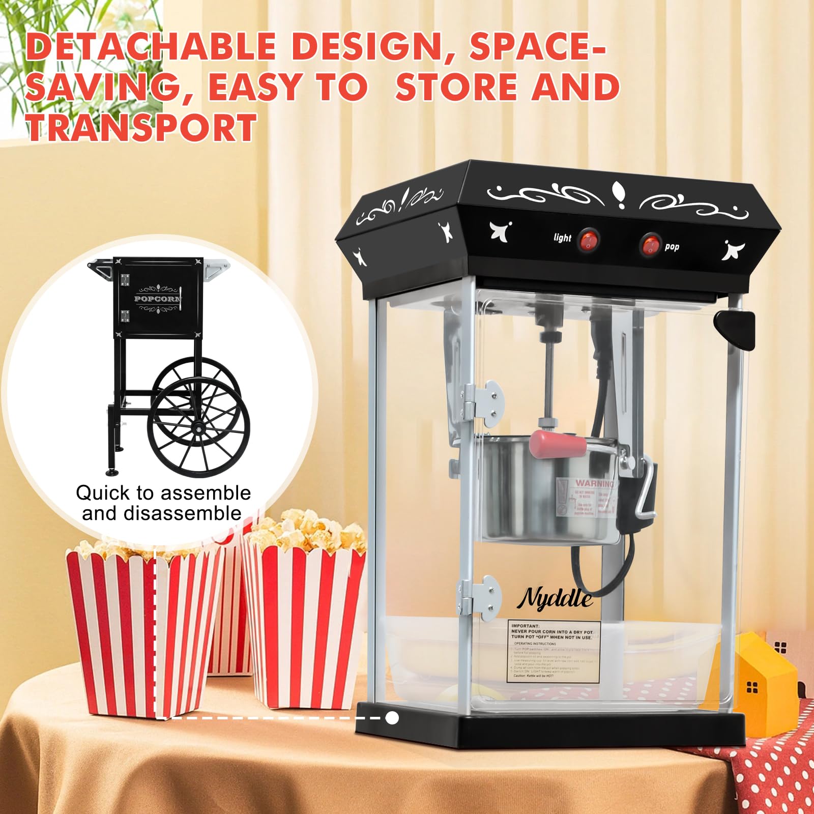 Nyddle máquina palomitas 8oz-ruedas, transporte sencillo y seguro