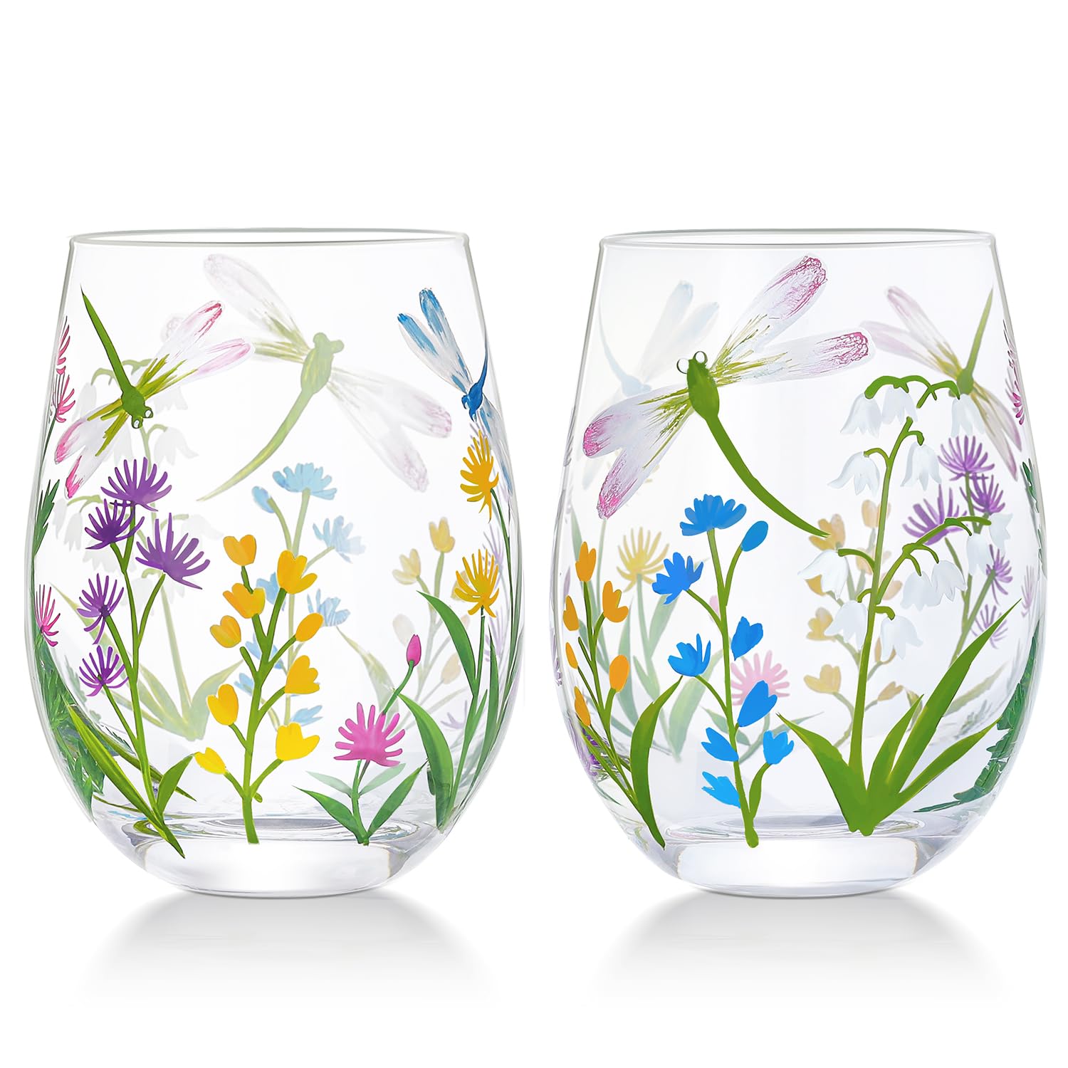 NymphFable copa de vino sin tallo 18oz con libélulas y flores, ideal para celebrar.
