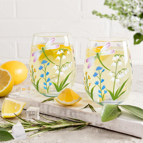 Copa de regalo NymphFable 18oz con diseño de libélulas, perfecta como detalle especial.