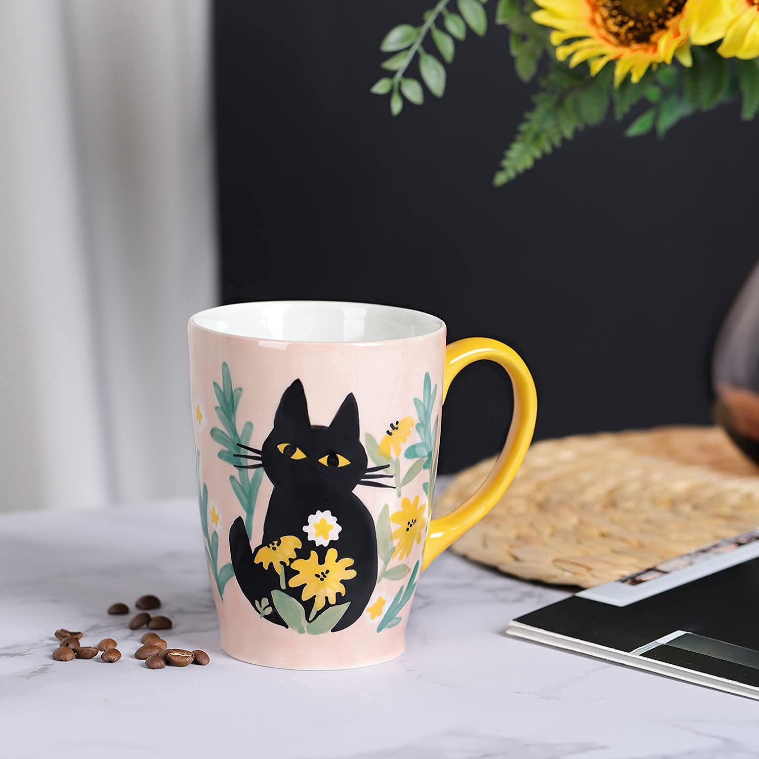 Taza NymphFable gato con flores amarillas, regalo único