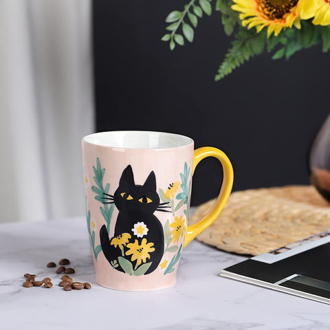 Taza NymphFable gato con flores amarillas, regalo único
