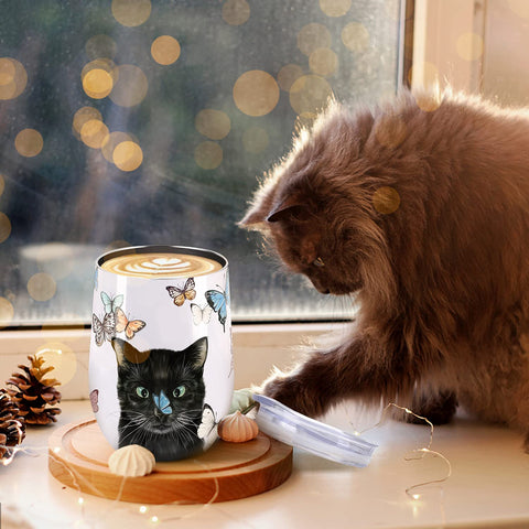 NymphFable tumbler doble pared con diseño felino, mantiene bebidas a temperatura.