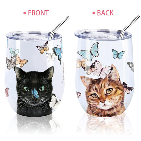 NymphFable tumbler vino con gato marrón y mariposas, para momentos al aire libre.