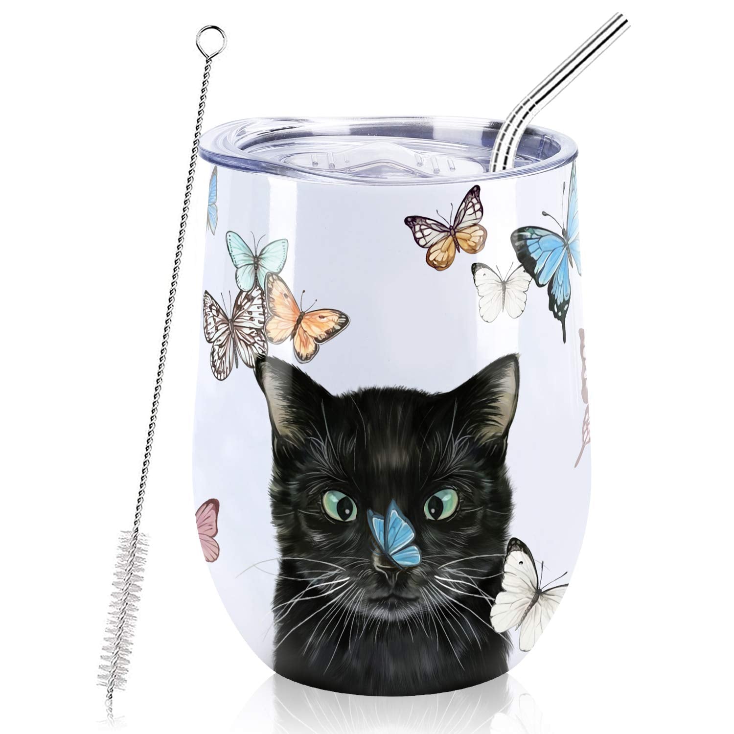 NymphFable tumbler vino con gatos y mariposas, ideal para llevar al aire libre.