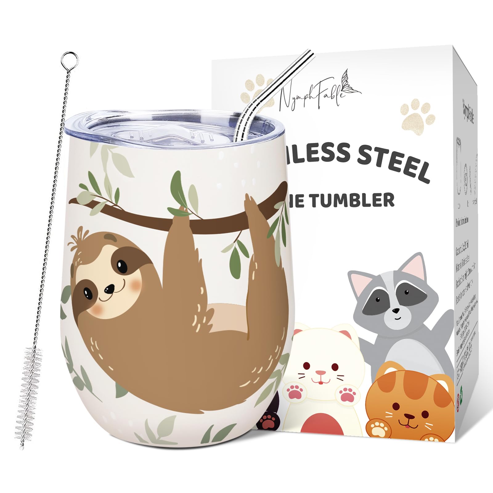 Vaso aislante NymphFable 12oz con diseño de perezoso, tapa y pajilla para bebidas
