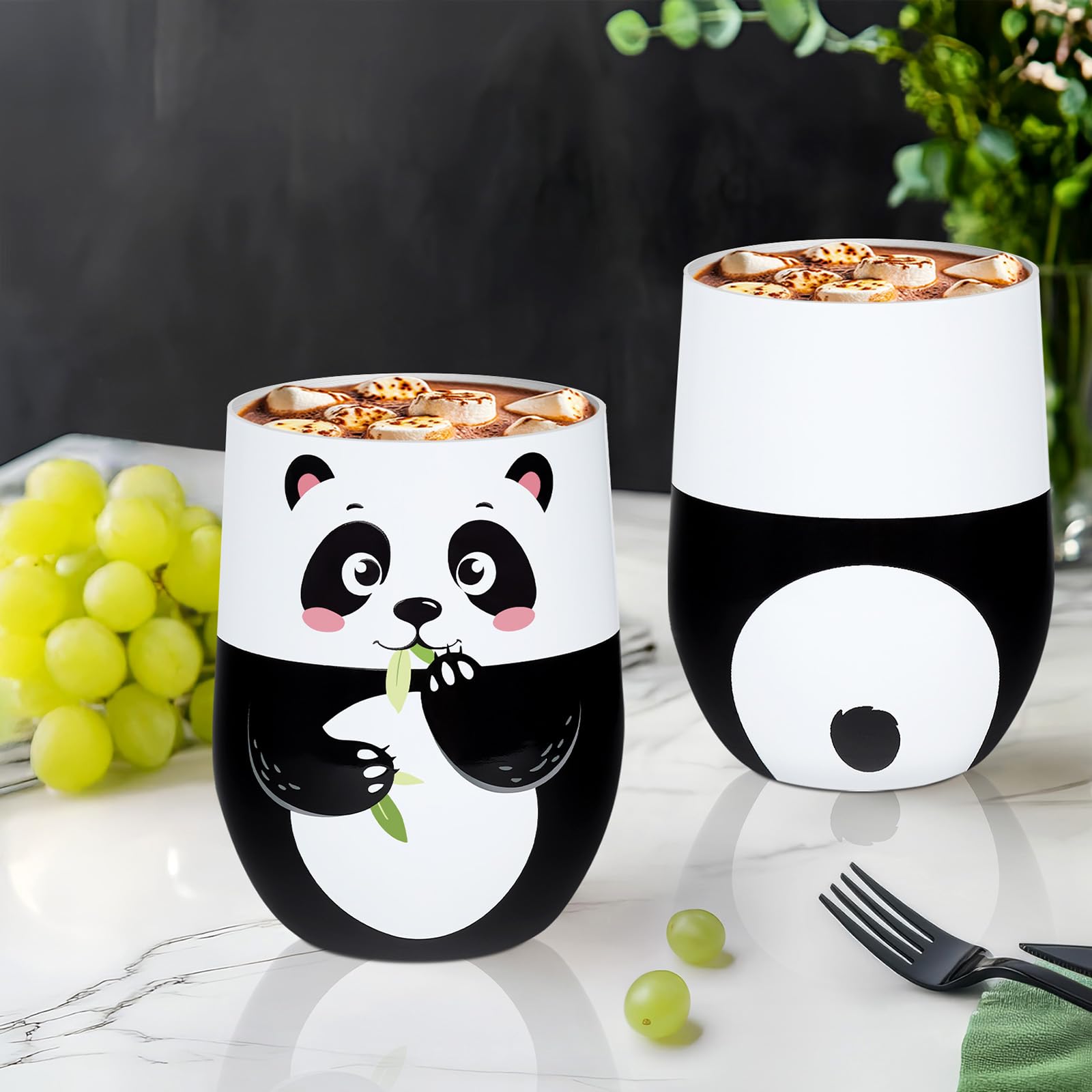 Vaso NymphFable panda con dibujo colorido y tapa, ideal para viajes.
