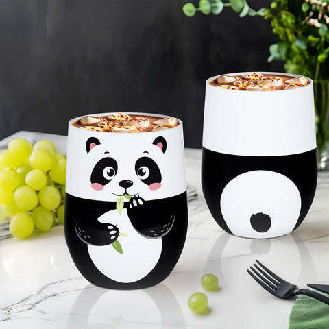 Vaso NymphFable panda con dibujo colorido y tapa, ideal para viajes.