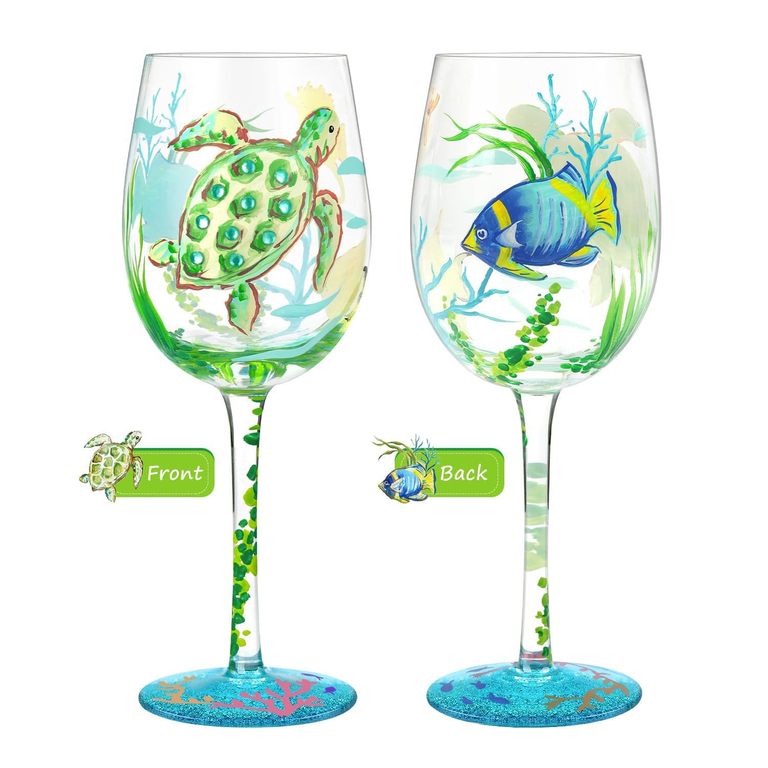 Vaso de vino NymphFable con tortugas marinas pintadas a mano, ideal para colección.