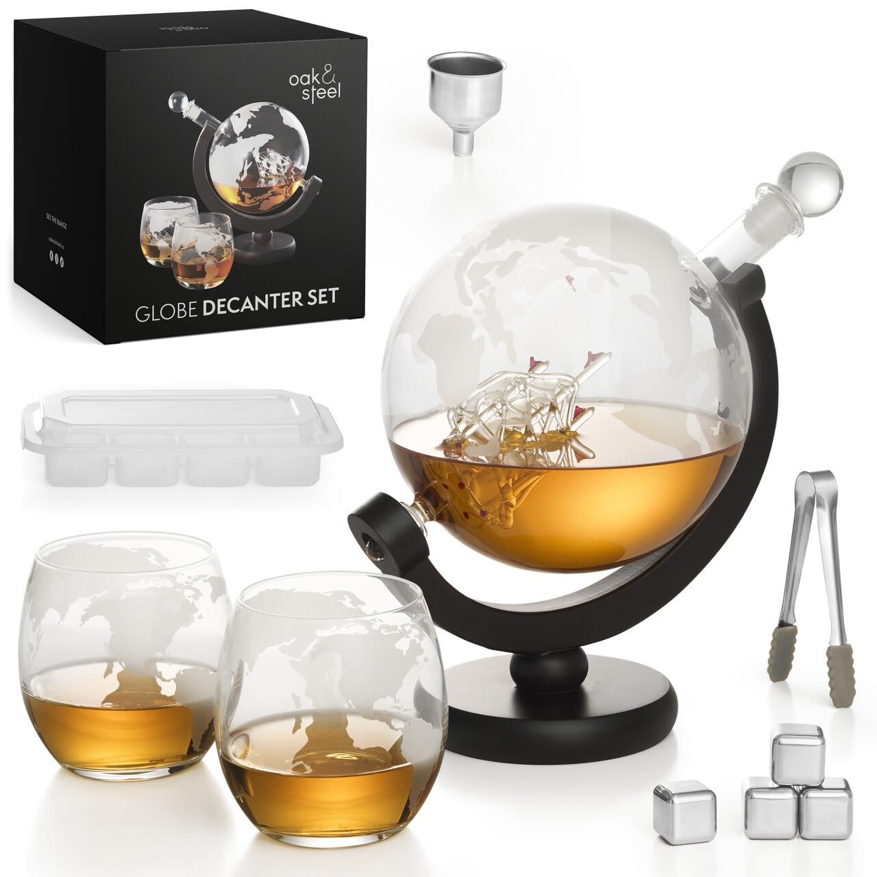 Oak & Steel globo decantador 50oz, para whisky, diseño elegante para la mesa.