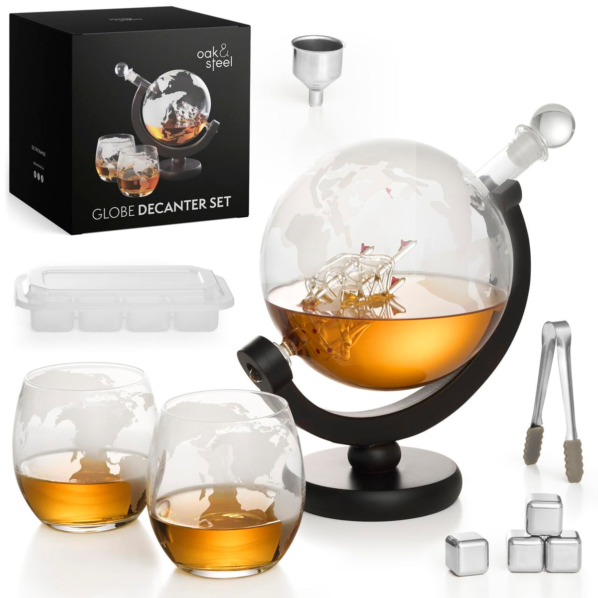 Oak & Steel globo decantador 50oz, para whisky, diseño elegante para la mesa.