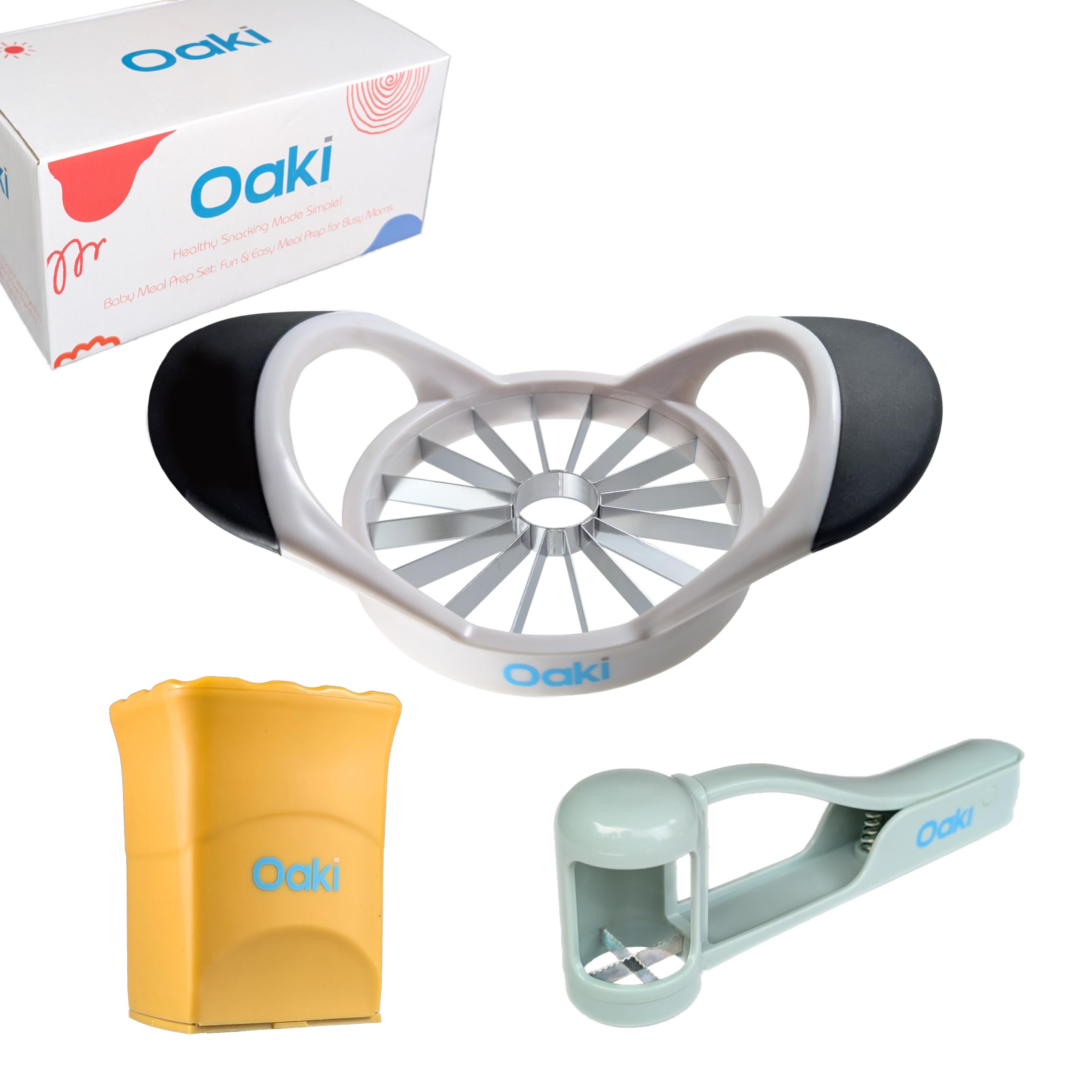 Oaki Bitty Bites cortador 3-en-1 en acción para cortar fruta rápidamente.