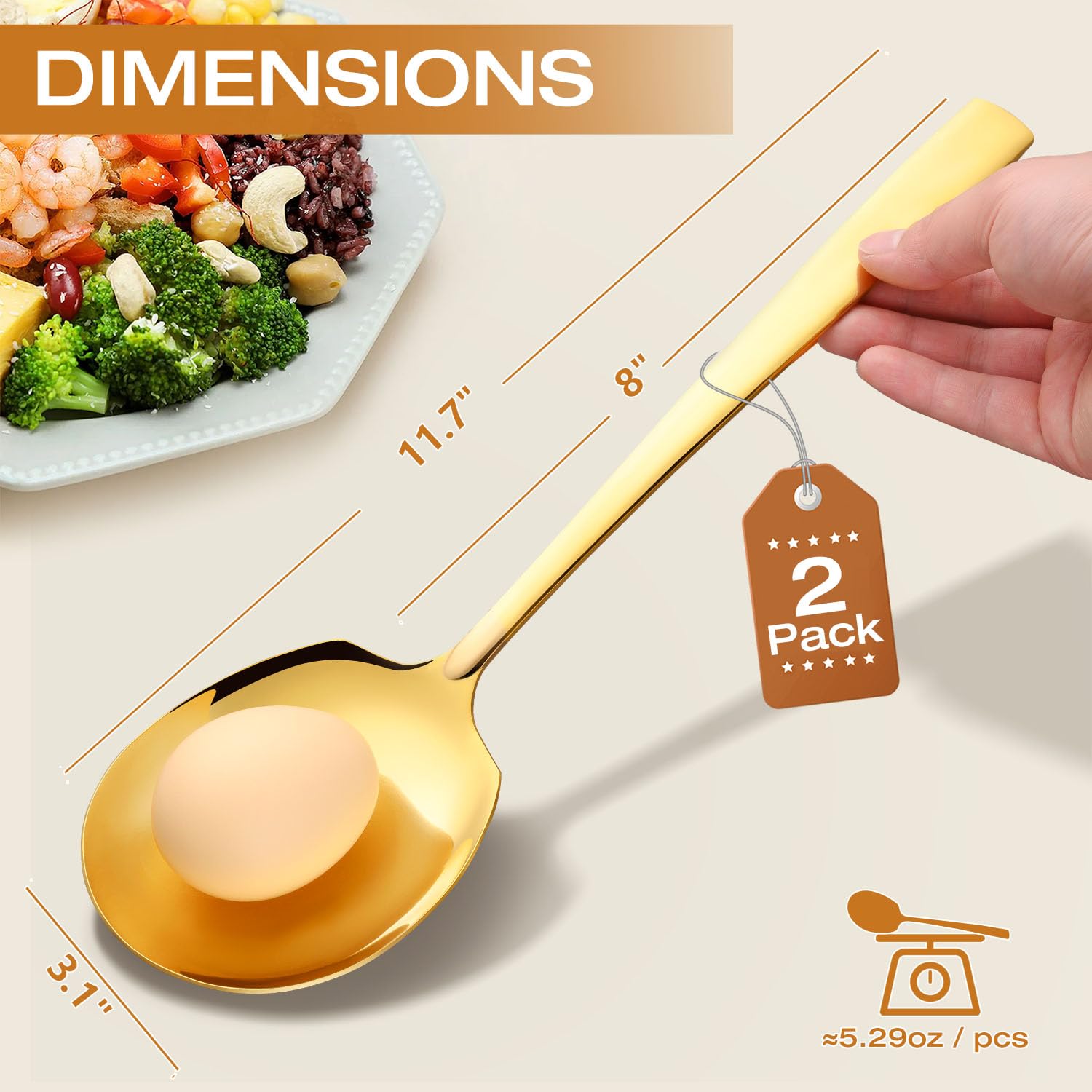 Oakibee cucharas para servir doradas con acabado espejo para presentaciones elegantes.
