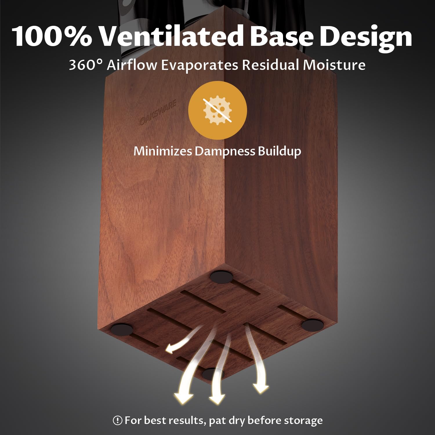 Base ventilada 360° de OAKSWARE para secado sin humedad.
