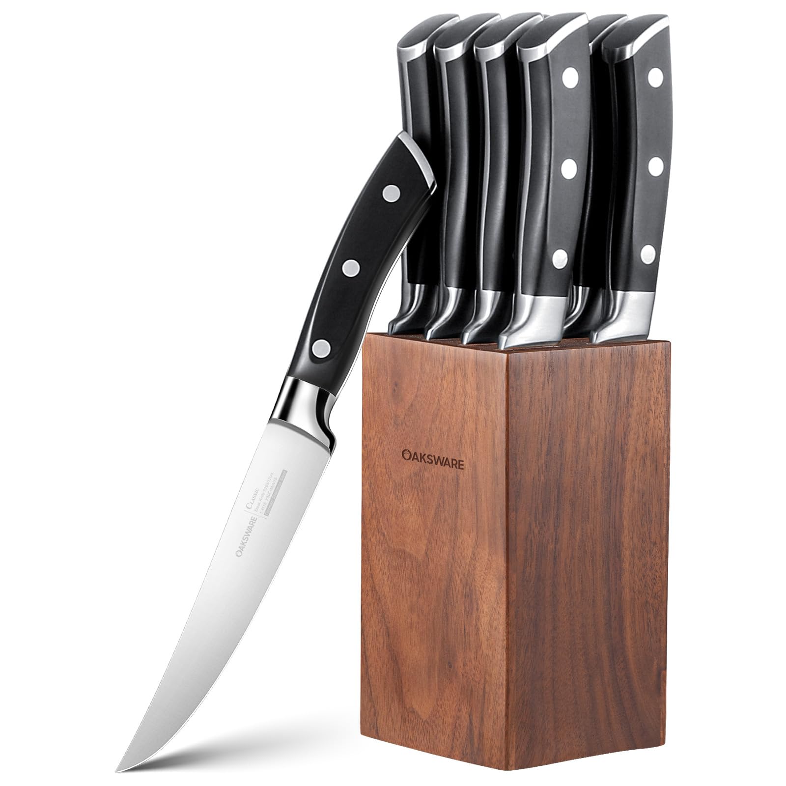 Cuchillos OAKSWARE para filete, juego de 8, listos para servir.