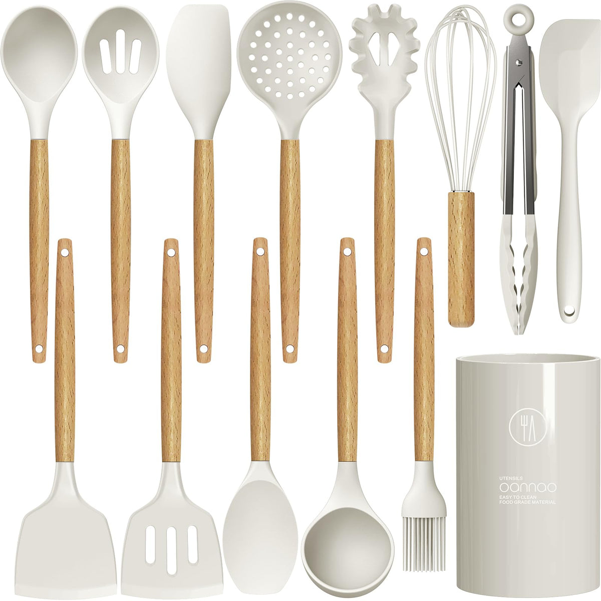 Utensilios de silicona oannao con mango de madera, juego completo para cocina antiadherente.