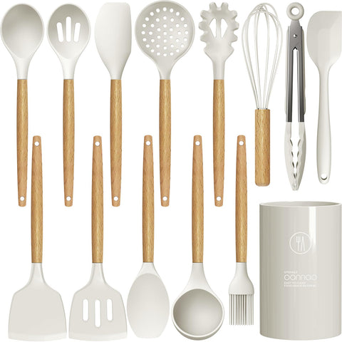 Utensilios de silicona oannao con mango de madera, juego completo para cocina antiadherente.