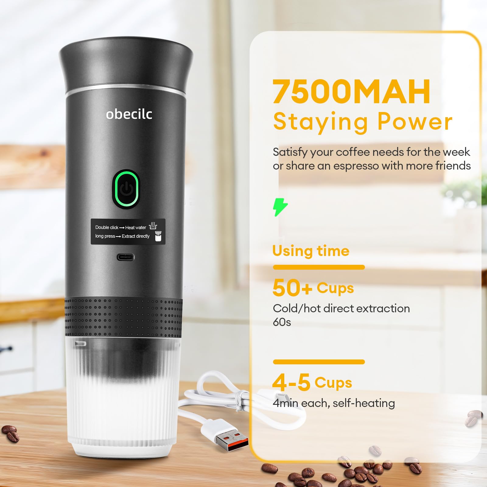 obecilc Cafetera portátil con carga USB-C para aventuras sin enchufe.
