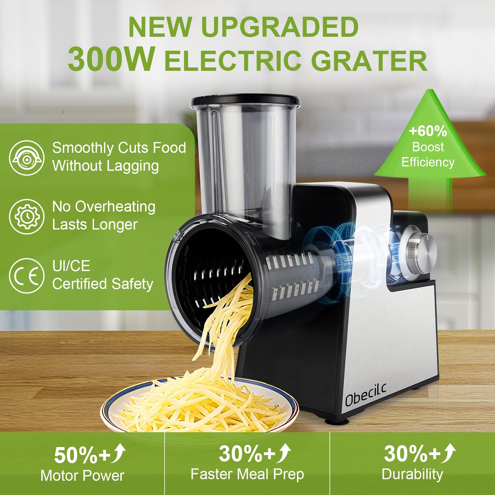 Obecilc rallador 300W con boquilla de alimentación amplia para uso cómodo.