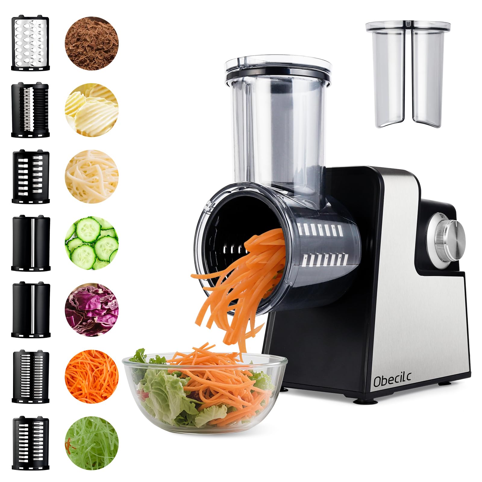 Obecilc rallador queso eléctrico 300W con cuchillas de acero inoxidable para rallado fino y uniforme.