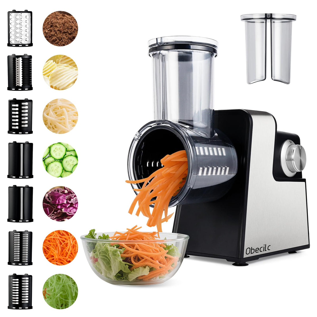 Obecilc rallador queso eléctrico 300W con cuchillas de acero inoxidable para rallado fino y uniforme.