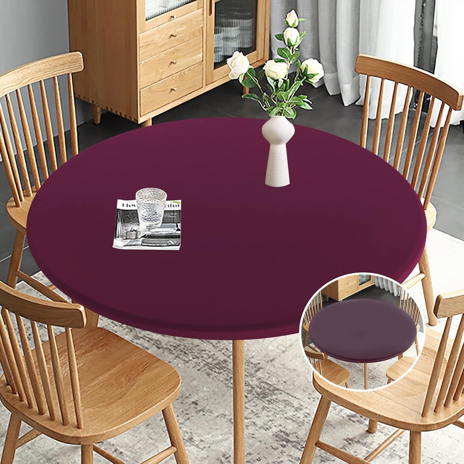 Obstal mantel redondo elástico burdeos frente, ajuste sin clips para la mesa