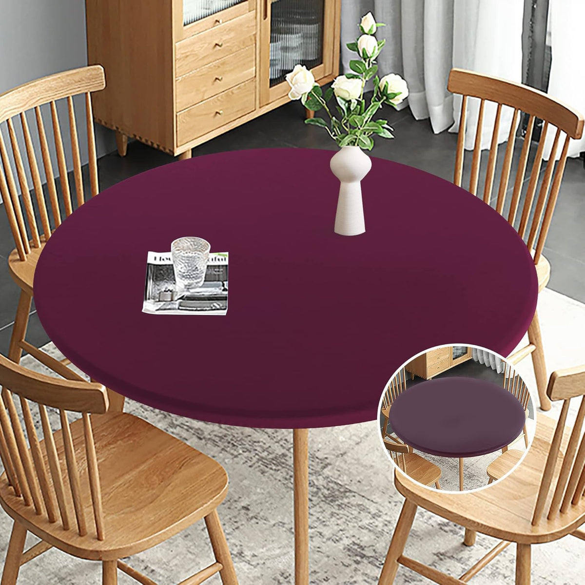 Obstal mantel redondo elástico burdeos frente, ajuste sin clips para la mesa