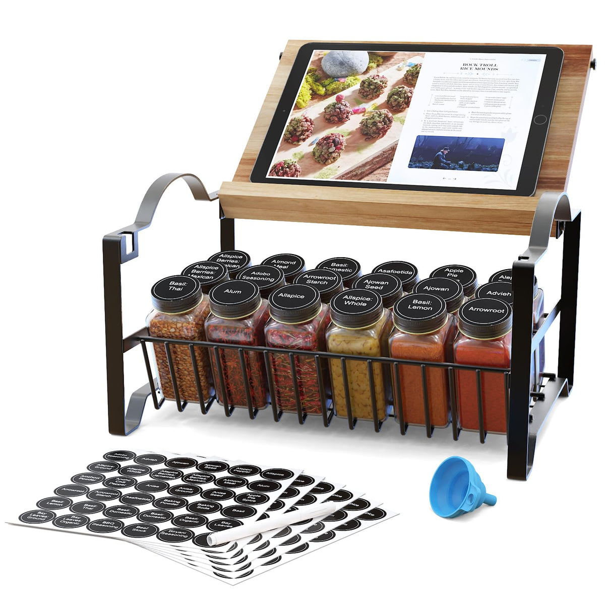 Obswell Kole estante para especias de tres niveles con base de bambú que ahorra espacio.