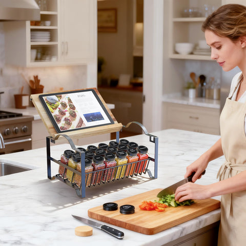 Obswell Kole top de bambú sirve como soporte para tableta mientras cocinas.