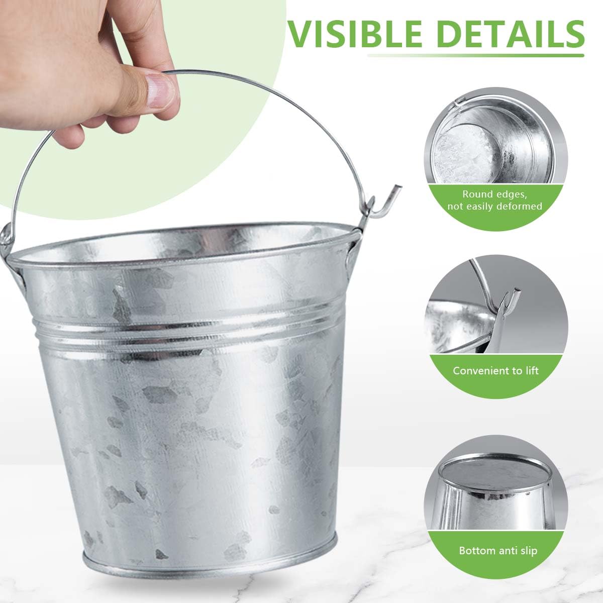 Obtanim detalle de asa metálica resistente en cubo galvanizado.