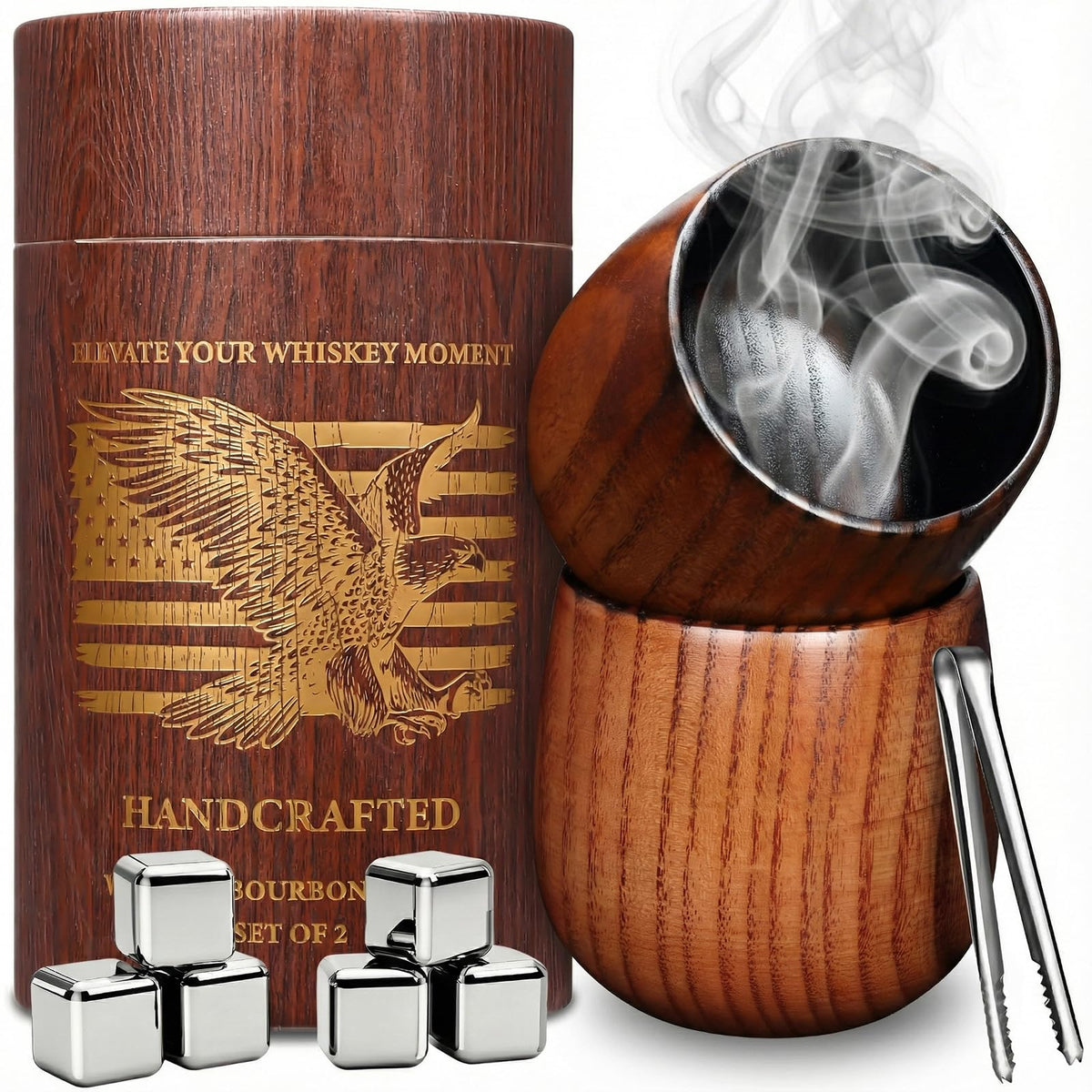 Vasos de whisky Ocelamior con madera carbonizada muestran acabado único y aroma intenso al servir.