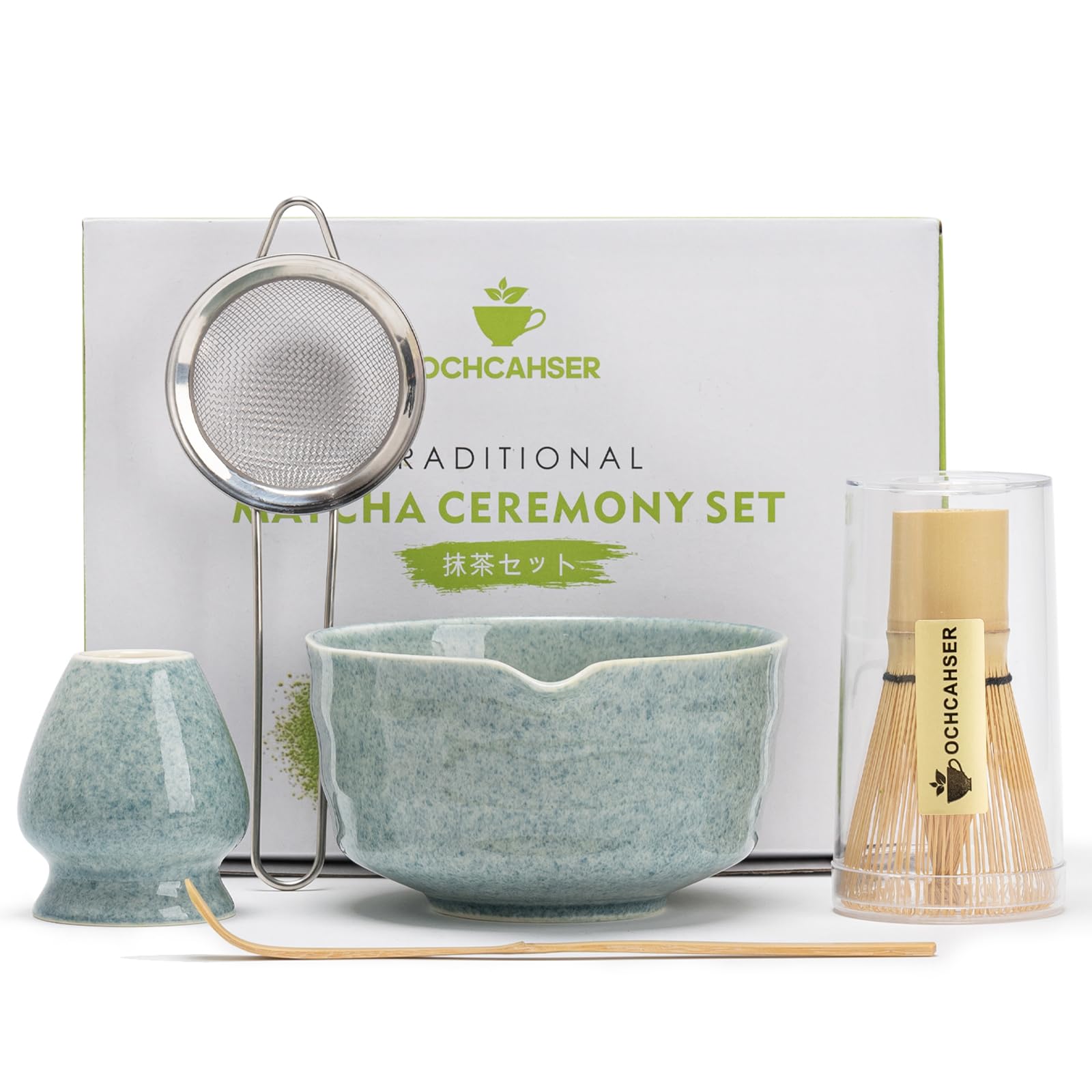 Ochcahser conjunto-matcha con tazon ceramico para ritual diario de te.